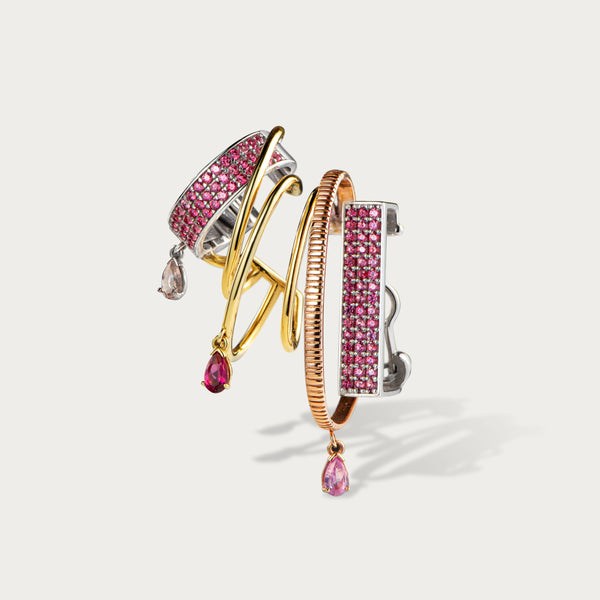 Earcuff Gaia Fire Flame Ouro Amarelo, Rose e Branco 18k Safira Rosa, Rubelita, Turmalina Rosa e Morganita